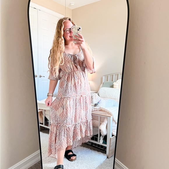 Wild Moss Pink and Tan Tiered Maxi Dress with Puff Sleeves - Picture 5 of 5